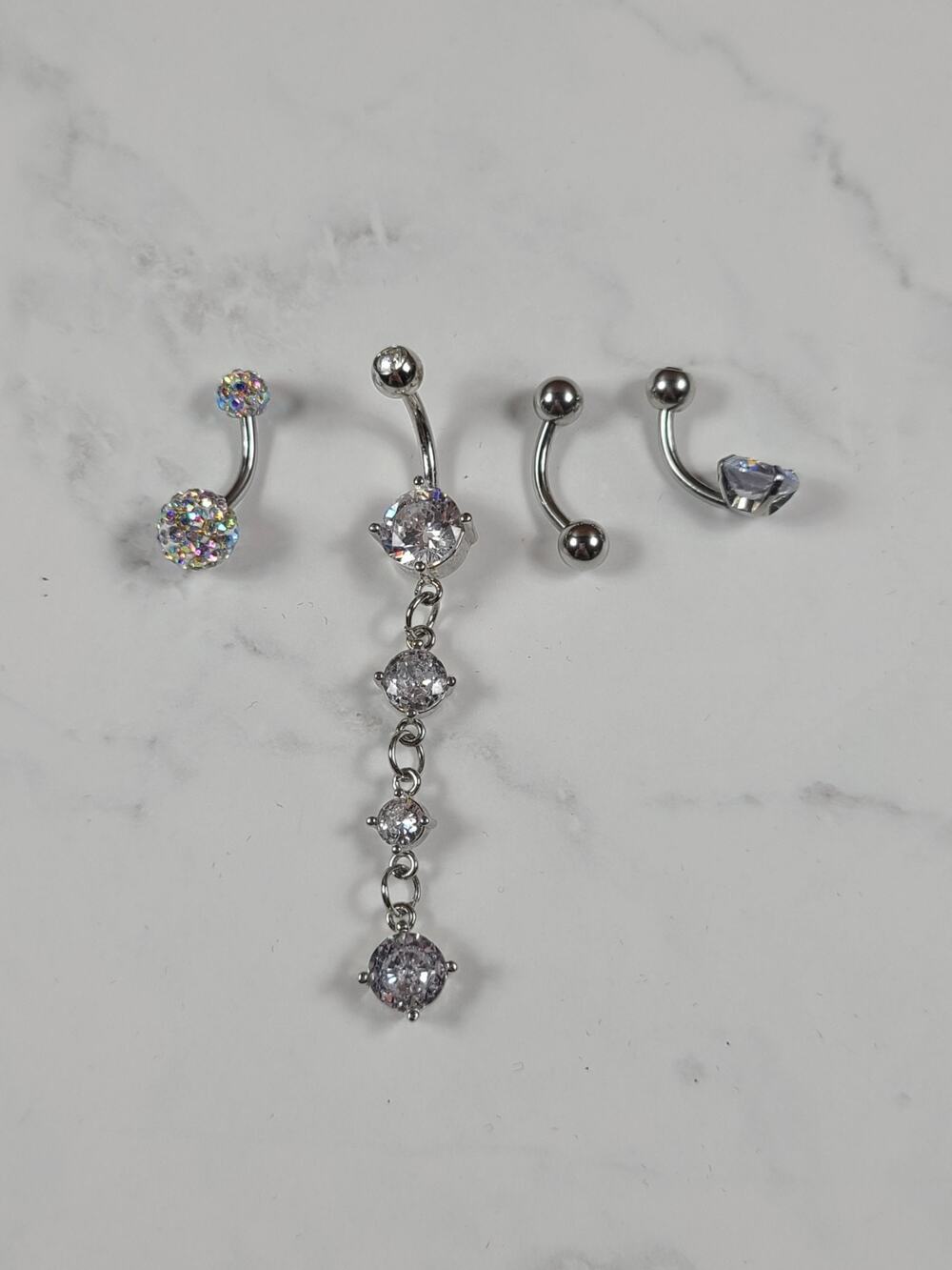 Lot of 4 Navel Belly Button Rings CZ Heart Dangle AB Rhinestone Body Jewelry
